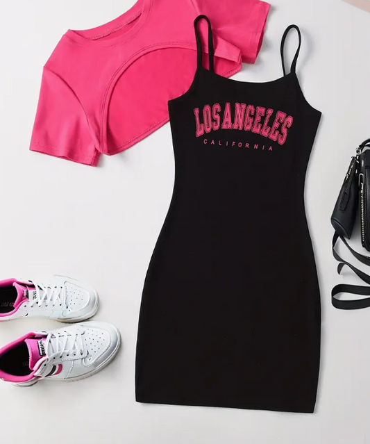 Girls' 2pcs Fashion Set: Vibrant Pink Short Sleeve Crop Top & Los Angeles Print Bodycon Dress - Stretchy, Machine Washable Polyester/Spandex Blend for Casual Summer Outings, Girls Outfit Sets, Perfect for Outdoor